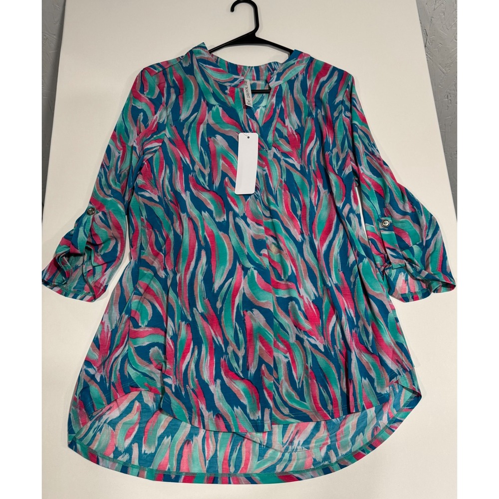 Dear Scarlett Womens XL Abstract Tunic Top Blue Pink Roll Tab Sleeve LIZZY